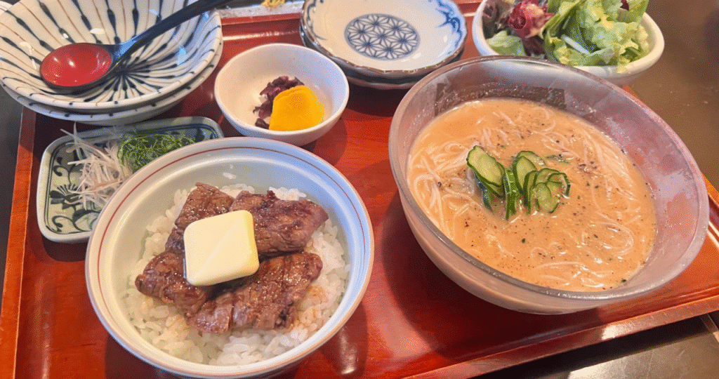 荒井屋本店ランチ、ミニビフテキ丼と冷や汁そうめん